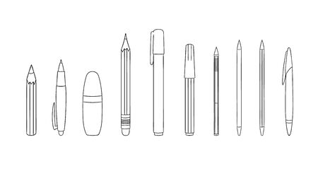 Set of pen and pencil line icons. Vector colored stationery, writing materials, office or school supplies isolated on white background. Cartoon styleのイラスト素材