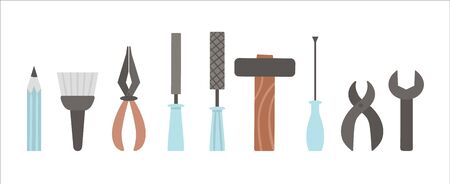Vector tools set. Flat colored illustration with building, carpenter equipment for card, poster or flyer design. Woodwork, repair service or craft workshop conceptのイラスト素材