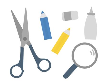 Scissors, pencil, magnifying glass, glue icons isolated on white background. Set of vector stationery for craft or school educational activities. Kids worksheet design element
のイラスト素材