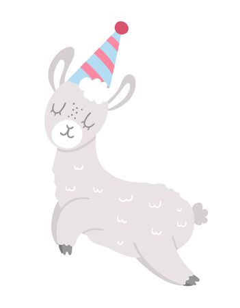 Vector cute llama in birthday hat. Funny b-day animal for card, poster, print design. Bright holiday illustration for kids. Cheerful celebration character icon isolated on white background.のイラスト素材