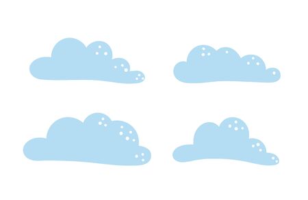Vector set of cute blue flat style clouds. Funny cartoon sky illustration for kids. Cheerful childish icons isolated on white background.のイラスト素材