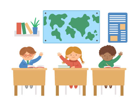 Vector cute happy schoolchildren sitting at the desks with hands up. Elementary school classroom illustration. Clever kids at the lesson. Boys and girl ready to answer teacherâs question.のイラスト素材
