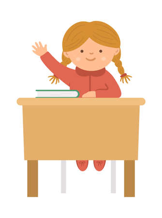 Vector cute happy schoolgirl sitting at the desk with hand up. Elementary school classroom illustration. Clever kid in glasses at the lesson. Girl ready to answer teacherâs question on white background.
のイラスト素材