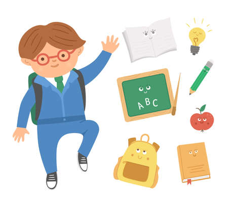 Cute happy jumping schoolboy with flat style kawaii classroom objects. Back to school vector set of smiling elements with pupil in uniform. Educational illustration for kids.のイラスト素材