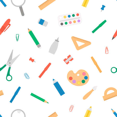seamless pattern with stationery and school, arts or office supplies. Educational digital paper. Cute flat style repeating background with pencil, pen, ruler, scissors, paints.のイラスト素材