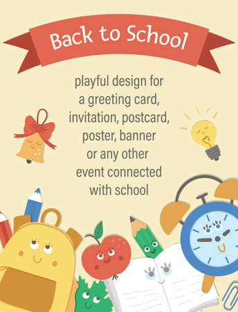 back to school composition with ribbon and cute kawaii schoolbag, bell, leaf, alarm clock. Funny educational design for banners, posters, invitations. Vertical card template with funny stationeryのイラスト素材
