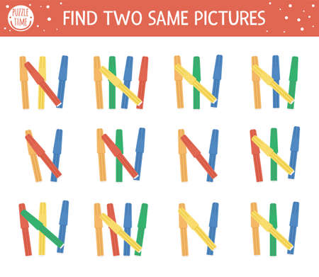Find two same school objects. Back to school matching activity for children. Funny educational activity for kids with felt pens. Autumn logical quiz worksheet. Simple printable game for kidsのイラスト素材