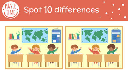 Back to school find differences game for children. Educational activity with schoolchildren sitting in classroom. Printable worksheet with cute funny smiling characters. Geography lesson sceneのイラスト素材