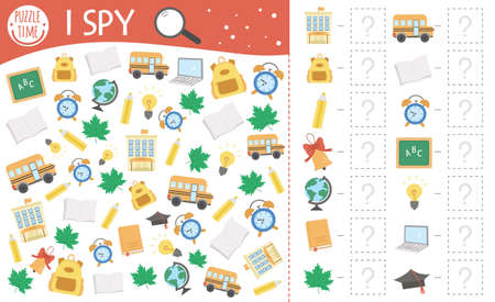 Back to school I spy game for kids. Searching and counting activity for preschool children with cute school objects. Funny autumn printable worksheet for kids. Simple lesson spotting puzzle.のイラスト素材