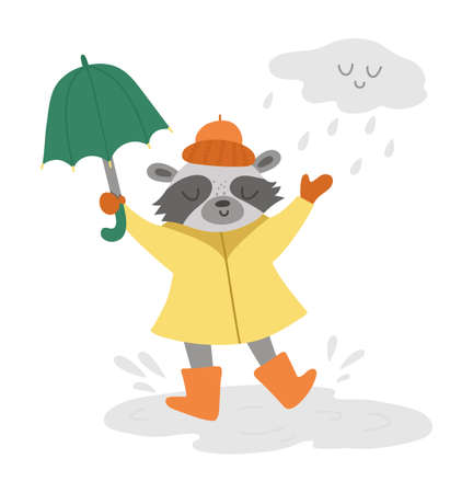 Cute raccoon jumping under the rain with umbrella. Vector autumn character isolated on white background. Fall season woodland animal icon for print, sticker, postcard. Funny forest illustration.のイラスト素材