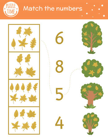 Matching game with yellow leaves and trees. Autumn math activity for preschool children. Fall season counting worksheet. Educational printable with cute funny elements for kidsのイラスト素材