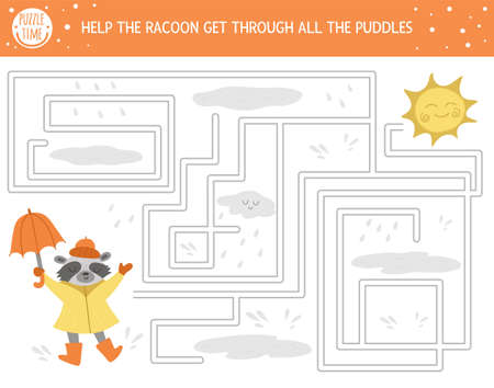 Autumn maze for children. Preschool printable educational activity. Funny fall season puzzle with cute woodland animal, raindrops, cloud, umbrella. Help the raccoon get through all the puddles.のイラスト素材