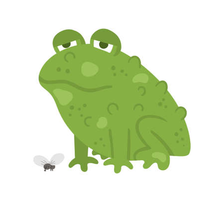 Cute vector sitting green toad with fly. Halloween character icon. Autumn all saints eve illustration with scary animal. Samhain party sign design for kids.のイラスト素材