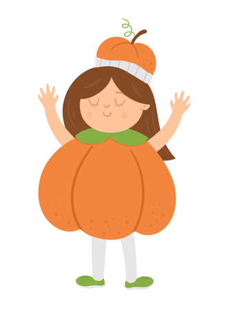 Girl dressed like a pumpkin. Cute vector Halloween kid character. Child in jack-o-lantern costume. Funny autumn all saints eve illustration. Samhain dress party design.のイラスト素材