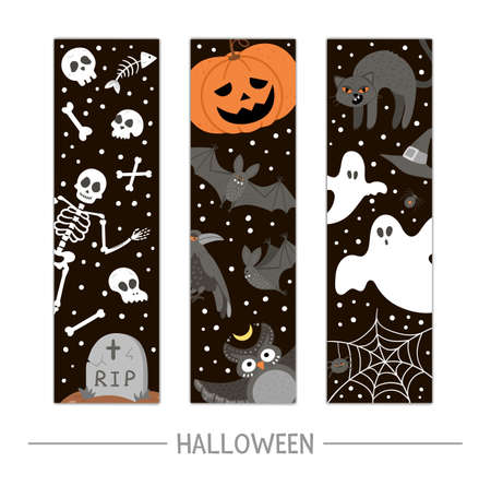 Vector back to school Halloween bookmarks set. Funny all saints day design for banners, posters, invitations. Vertical card template with skeleton, pumpkin lantern, ghosts, black cat and bats.のイラスト素材