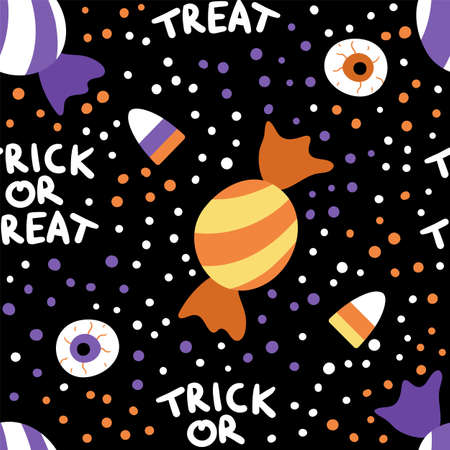 Vector seamless pattern with sweets for trick or treat game. Traditional Halloween party food background. Digital paper with scary stripy purple and orange candy.のイラスト素材