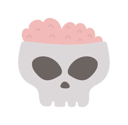 Vector skull with pink brain for trick or treat game. Scary skeleton clipart. Traditional Halloween party food. Monster shaped dessert isolated on white background. Autumn holiday designのイラスト素材