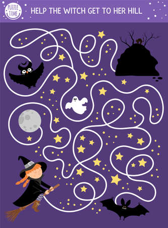 Halloween maze for children. Autumn preschool printable educational activity. Funny day of the dead game or puzzle with spooky scene, night sky and stars. Help the witch get to her hillのイラスト素材