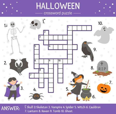 Vector Halloween crossword puzzle for kids. Simple quiz with all saints day objects for children. Educational activity with traditional scary objects, such as witch, ghost, tomb, vampireのイラスト素材