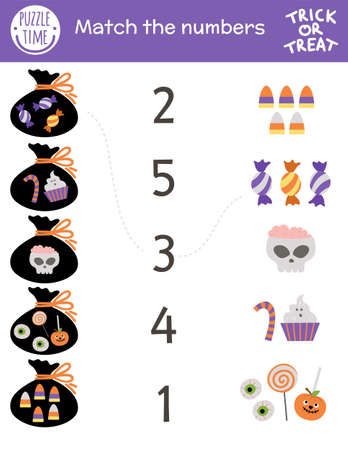 Halloween matching game with trick or treat sweets and sack. Autumn math activity for preschool children. Educational printable counting worksheet with cute funny elements for kidsのイラスト素材