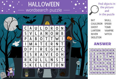 Halloween wordsearch puzzle for kids. Simple crossword with haunted house and traditional scary objects for children. Educational keyword activity with funny witch, vampire, ghost, batのイラスト素材