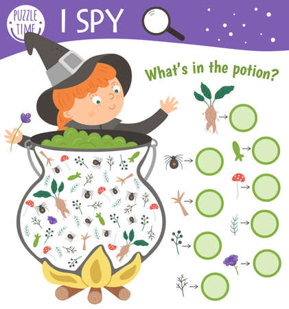 Halloween I spy game for kids. Searching and counting activity for preschool children with witch, cauldron and potion ingredients. Funny autumn printable worksheet for kids.のイラスト素材