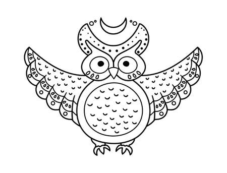 Cute vector owl with spread wings and half moon. Halloween black and white icon. Funny autumn all saints eve illustration with flying animal. Samhain party coloring page for kids.のイラスト素材