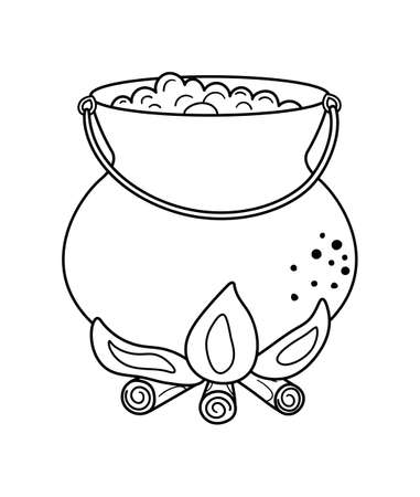 Cute vector black and white cauldron on fire. Halloween object icon. Autumn all saints eve illustration with witch related element. Samhain pot with green potion coloring page for kids.のイラスト素材