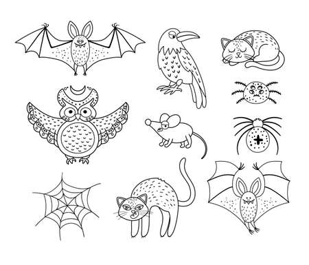 Set of vector black and white scary creatures. Halloween characters icons collection. Cute autumn all saints eve illustration with bat, raven, cat, owl. Samhain party coloring page.のイラスト素材