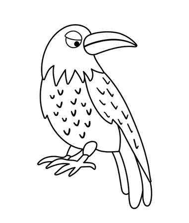 Vector raven outline. Halloween black and white icon. Funny autumn all saints eve illustration with animal. Samhain party coloring page for kids.のイラスト素材