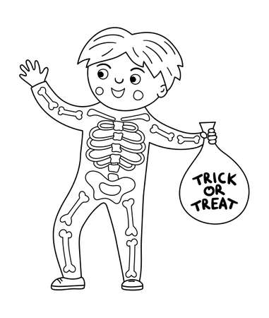 Boy dressed like a skeleton. Cute black and white vector Halloween kid character. Child in scary monster costume with bones. Funny autumn all saints eve illustration. Samhain dress party coloring page.のイラスト素材