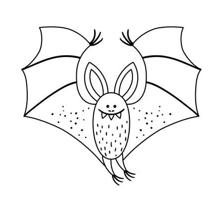 Cute vector black and white bat with spread wings. Halloween character icon. Autumn all saints eve illustration with flying animal. Samhain party coloring page for kids.のイラスト素材