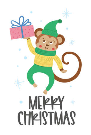 Vector monkey in hat, scarf and sweater with present and snowflakes. Cute winter animal illustration. Funny Christmas card design. New Year print with smiling characterのイラスト素材