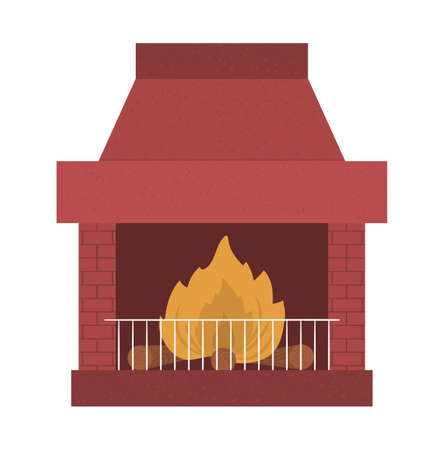 Vector chimney with fire and logs in the center. Warming object illustration. Fireplace icon isolated on white background. Winter season picture with hearthのイラスト素材