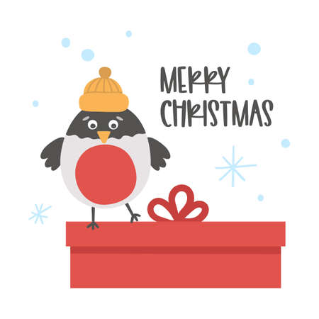 Vector bullfinch in hat with present and snowflakes. Cute winter bird illustration. Funny Christmas card design. New Year print with smiling characterのイラスト素材
