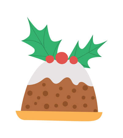Vector Christmas pudding with holy leaves and red berries isolated on white background. Cute funny illustration of new year pastry. Traditional winter dessert iconのイラスト素材