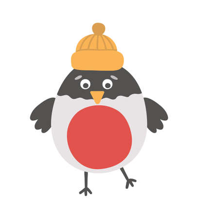 Vector bullfinch in orange hat. Cute winter bird illustration. Funny Christmas card design. New Year print with smiling characterのイラスト素材