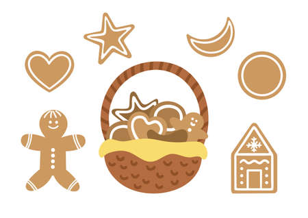 Vector set with basket and decorated gingerbread isolated on white background. Cute funny...
