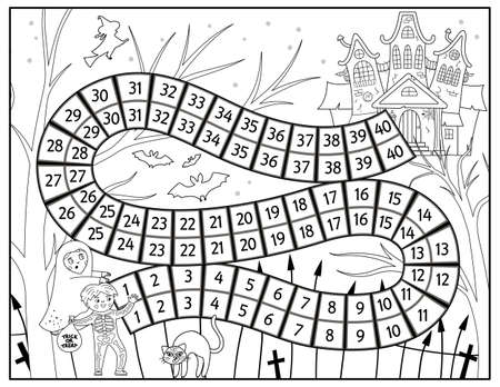 Halloween black and white board game for children with spooky castle and cute children. Educational boardgame with haunted house. Scary printable coloring page.のイラスト素材