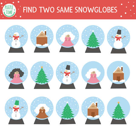 Find two same snow globes. Christmas matching activity for children. Funny educational winter logical quiz worksheet for kids. Simple printable New Year game with traditional toyのイラスト素材
