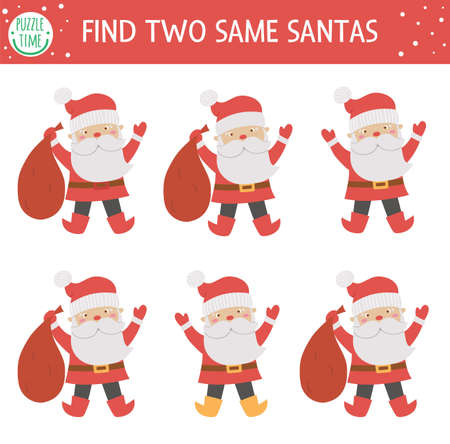 Find two same Santas. Christmas matching activity for children. Funny educational winter logical quiz worksheet for kids. Simple printable New Year game with Santa Clausのイラスト素材