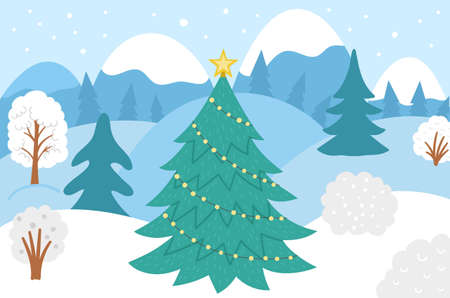 Vector winter forest background with trees, snow, mountains. Funny woodland Christmas scene with. Flat New Year landscape illustration for children.のイラスト素材
