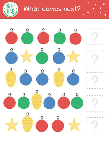 What comes next. Christmas matching activity for preschool children with traditional holiday symbols. Funny educational puzzle with Christmas tree decorations. Continue the row. Simple winter gameのイラスト素材
