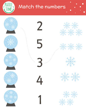 Christmas matching game with snow globes and snowflakes. Winter math activity for preschool children. Educational New Year printable counting worksheet with cute elements for kidsのイラスト素材