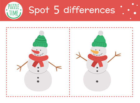 Christmas find differences game for children. Winter educational activity with funny snowman. Printable worksheet with smiling character. Cute New Year puzzle for kidsのイラスト素材