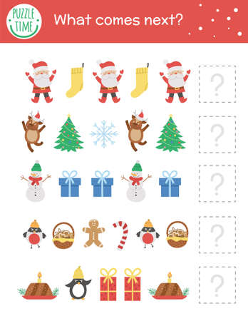 What comes next. Christmas matching activity for preschool children with traditional holiday symbols. Funny educational puzzle. Logical quiz worksheet. Continue the row. Simple winter game for kidsのイラスト素材