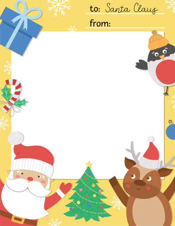 Vector letter to Santa Claus template. Cute Christmas card design. Winter frame layout for kids with funny characters. Festive background with place for text.のイラスト素材