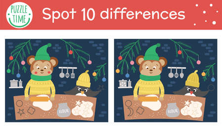 Christmas find differences game for children. Winter educational activity with funny animals backing cookies. Printable worksheet with smiling characters. Cute New Year puzzle for kidsのイラスト素材