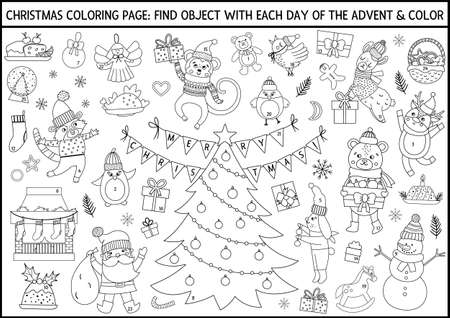 Vector black and white Christmas coloring page and advent calendar with traditional holiday symbols. Cute winter planner for kids. Festive poster design with Santa Claus, fir tree, deer, animalsのイラスト素材