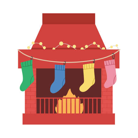 Cute colored chimney with stockings and garland. Christmas illustration of fireplace with socks with presents. Winter holidays celebration icon. Funny New Year print.のイラスト素材